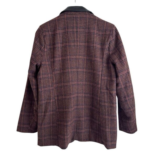 Lush Brown Tweed Wool Blend Faux Leather Collar One Button Preppy Blazer - Picture 4 of 7